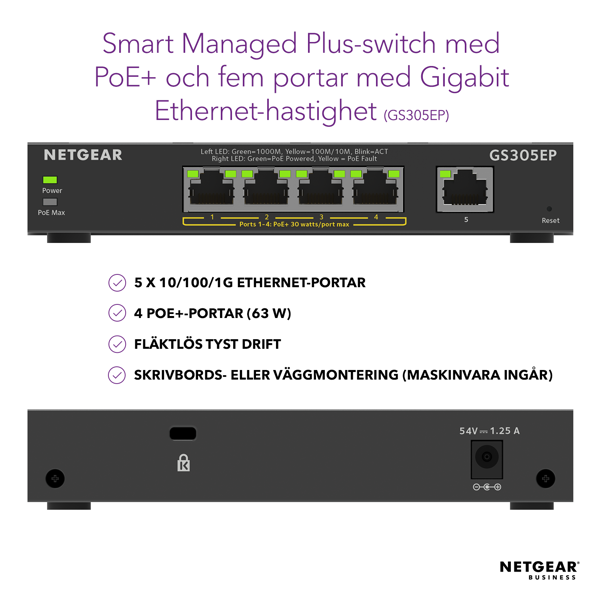 Bild på 5-Port Gigabit Ethernet PoE+ Smart Managed Plus Switch
